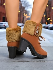  Botas femininas de couro sintético marrom com punho de pele e salto grosso – botas quentes de inverno com cadarço e detalhes de strass para mulheres, perfeitas para uso ao ar livre, casual e de férias