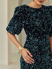 billige festkjole-velur paljett puffermer glitrende elegant maxikjole