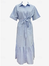 economico Vestito Semplice-Per donna Abito Lungo Maxi Abito Abito Camicia Moderno Quotidiano All'aperto Vacanza Vestibilità regolare A righe Manica Corta Girocollo Colletto a Camicia Blu Magenta Nero Rosa Primavera Autunno