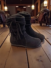 olcso Slouch Boots-Női velúr csizma, fonott bojtos részletekkel, bohém lezser stílusú, kényelmes, lapos talpú cipő, női városi utcai viseletre és mindennapi viseletre.