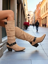 voordelige Slouch-laarzen-Paarse suède knielaarzen voor dames met gespen – western cowboystijl laarzen met blokhak voor herfstmode, Halloween-outfits en outdoor streetwear