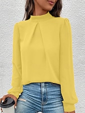 Χαμηλού Κόστους Επίσημες Μπλούζες-Γυναικεία Πουκάμισο Κομψή Φιλάρεσκος Σατέν Μπλούζα Συμπαγές Χρώμα Στυλάτο Καθημερινό Μακρυμάνικο Ζιβάγκο Κανονικά μπλουζάκια Καθημερινά Εξόδου Μαύρο Κίτρινο Πράσινο Ανοικτό Ρουμπίνι Βυσσινί