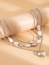 preiswerte Halskette für Damen-Damen-Mehrfachkette mit Herzanhänger – goldenes Kettenhalsband mit Perlenakzenten, Modeschmuck für Partys, Verabredungen und den Alltag