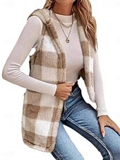 billiga Fleece-fodrade jackor-Dam Vinterkappa Fleeceväst Sherpajacka Bekväm Andningsfunktion Mönster Ledigt Rutig Semester Gata Ledigt Dagliga kläder Öppen front Normal Huva Normal Ärmlös Ytterkläder Kaki Vår Höst
