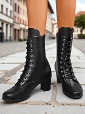 baratos Botas de tornozelo-Botas femininas de couro sintético com cadarço e salto grosso, estilo vintage, perfeitas para looks casuais e retrô.