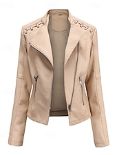 economico Pellicce &amp; Pelli-Per donna Giacca in Ecopelle Confortevole Cerniera Tasca Casual Semplice Vacanza Abbigliamento quotidiano Uscire Weekend Regolare Collo ripiegato Vestibilità regolare Manica Lunga Capispalla Nero