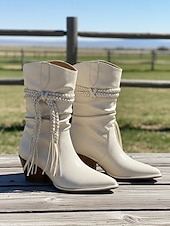 baratos Cowboy &amp; Western Boots-Botas femininas de camurça boêmia de cano médio com design de borlas trançadas e salto grosso - calçado casual estilo retrô western para festas e festivais