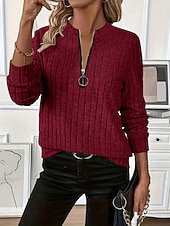 billige Enkle topper-Dame Genser med genser عادي Fritid Langermet V-hals Vanlige topper Gate Hverdag Glidelås Svart Hvit Rød Blå Grønn Høst Vinter