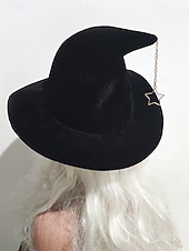 levne Halloweenské doplňky-Dámský halloweenský čarodějnický klobouk – sametový špičatý čarodějnický klobouk s hvězdným přívěskem na kostýmní párty, cosplay a festival