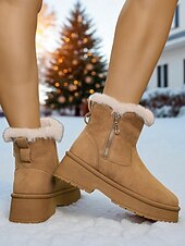 abordables Bottes de neige et d&#039;hiver-Bottes de neige décontractées en similicuir pour femme avec fermeture éclair latérale et bordure en fourrure – chaussures d&#039;hiver confortables et décontractées