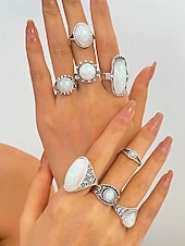 Недорогие Женские кольца-Женский винтажный комплект колец с опалом, посеребренные кольца в богемском стиле с регулируемой длиной, украшения для вечеринок, свадеб и повседневной носки