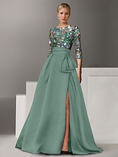 economico Abiti da Sera a Linea A-Abito da Sera A-Line Ricamato Floreale Elegante Formale Matrimonio Lungo Fino al Pavimento Mezza Manica Collo a Camicia di Satin con Fiocco(e) Spacco