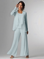 baratos Terninhos de calça da mamãe-Conjunto de calças 3 peças Mãe da noiva Convidada de casamento Formal Elegante Plus Size Envoltório Comprimento do chão Chiffon Sem mangas com Renda