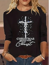 abordables Hauts de Noël-Noël Femmes T-shirt Graphique Lettre Croix ancien Mode Élégant manche longue Col ras du cou Col rond Hauts Réguliers Quotidien Week-end Imprimé Noir Jaune Rouge Bleu Printemps Automne Hiver
