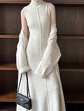 cheap Plain Pullover-Women&#039;s Long Dress Maxi Dress Knit Dress Casual Dress Dress Set Elegant Fashion Modern Outdoor Daily Going out Regular Fit Plain Long Sleeve Stand Collar Beige Winter Autumn