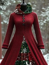 abordables Robes de Noël-Noël Femmes Robe maxi Robe trapèze ancien Occasionnel Coupe régulière Géométrique Motif de flocon de neige manche longue À capuche Rouge Automne Hiver