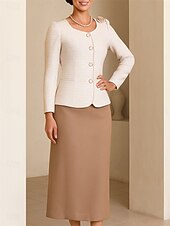 preiswerte Mamas Kleidersets-Zweiteilig A-Linie Kleid-Sets Brautmutterkleid Elegant Vintage Rundhalsausschnitt Tee-Länge Polyester Langarm mit Knöpfe