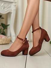 abordables Block Heels-Escarpins Mary Jane à talon carré en daim rose pour femme – bout rond, bride cheville et pendentif breloque pour le bureau, les soirées en amoureux et au quotidien