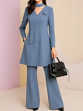 Zweiteilig Hosenanzug Brautmutterkleid Hochzeitsgast Elegant Einfach V Ausschnitt Bodenlang Polyester Langarm mit Blume Einfarbig preiswerte Hosenanzüge für Mama-Zweiteilig Hosenanzug Brautmutterkleid Hochzeitsgast Elegant Einfach V Ausschnitt Bodenlang Polyester Langarm mit Blume Einfarbig