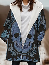 baratos Roupa de Halloween-Mulheres Casaco de inverno Jaqueta de Inverno A Prova de Vento Manter Quente Zíper Bolsos Forrada com Fleece Abertura Frontal Casual Caveiras Ao ar livre Férias Casa Casual Longo Com Capuz Normal