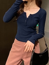 preiswerte Einfarbiges T-Shirt-Damen Bluse Knöpfe Einfarbig Stilvoll Lässig Langarm Rundausschnitt Normale Oberteile Täglich Marineblau Dunkelgray Grau Frühling Herbst Winter