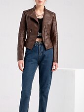 economico Pellicce &amp; Pelli-Per donna Giacca in Ecopelle Confortevole Cerniera Tasca Casual Semplice Vacanza Abbigliamento quotidiano Uscire Weekend Regolare Collo ripiegato Vestibilità regolare Manica Lunga Capispalla Nero