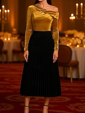 preiswerte Cocktailkleider-A-Linie Cocktailkleider Elegant Formelle Kleidung Formell Hochzeit Tee-Länge Langarm Ein-Schulter Samt mit Falten 2025