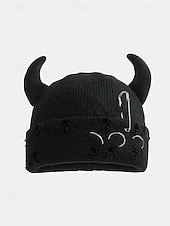 halpa Halloween-asusteet-unisex halloween-paholaisen sarvineulepipo – goottilainen punk-kallomyssy hakaneulalla ja rengaskorjauksilla miehille ja naisille, juhla-asu