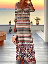 economico Abito Boho-Per donna Abito maxi Vestito T-Shirt Abito a trapezio Vacanza Casual Boho Uscire Vestibilità regolare Floreale Grafico Geometrico Manica Lunga Scollo a V Marrone chiaro Blu Marrone Primavera Autunno