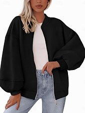 billiga casual jackor-Dam Vardaglig jacka Bekväm Andningsfunktion Dragkedja Ledigt Slät Semester Gata Ledigt Dagliga kläder Dragkedja Normal Hög krage Lös passning Långärmad Ytterkläder Svart Vit Rubinrött Vår Höst