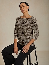 levne Halenky a košile-Dámský top s leopardím potiskem – elegantní halenka s kulatým výstřihem a tříčtvrtečními rukávy, elastická slim fit košile pro volný čas do práce, na denní nošení i na večer