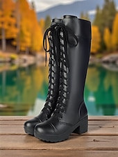 tanie Buty modowe-Damskie czarne, sznurowane buty na platformie za kolano, na grubym obcasie, ze sztucznej skóry, w stylu bojowym, idealne na jesień i zimę, do noszenia na mieście i na co dzień