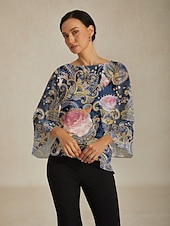 baratos Blusas e Camisas-Blusa feminina verde paisley estampa botânica em camadas chiffon resort casual férias primavera verão outono