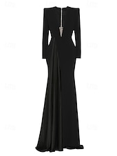 levne Tuxedo šaty-A-Linie večeerní šaty elegantní černé šaty smokinové šaty velkých velikostí formální šaty se vlečkou dlouhými rukávy V výstřih strečový materiál s sklady rozparem šaty na masquerade