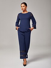 billige Todelt sett-dame marineblå modal chiffon matchende sett tettsittende bluse beskårne bukser elegant stilig komfortabel daglig arbeidskveldsklær høst