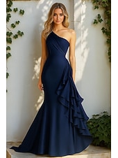 tanie Suknie wieczorowe syrenki-Syrena Suknia wieczorowa Elegancja Suknia formalna Formalny Ślub Tren sweep Bez rękawów Na jedno ramię Satyna z Z marszczeniami Falbany 2025