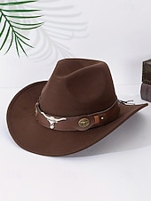 baratos Chapéus Femininos-Chapéu de cowboy masculino com faixa de cabeça de touro – chapéu fedora vintage de feltro com aba larga para rodeio, estilo ao ar livre e presente de Natal