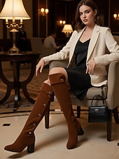 economico Stivali alla moda-stivali sopra il ginocchio da donna in pelle scamosciata bordeaux con tacco a blocco e bottoni decorativi - versatili per l'autunno &amp;calzature invernali alla moda per look streetwear e serali alla