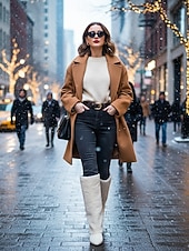 ieftine Cizme de zăpadă și iarnă-Cizme de damă până la genunchi, albe, din fleece, pantofi de iarnă călduroase și confortabili, cu vârful ascuțit, pentru ținute casual de oraș