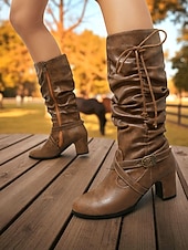 Недорогие Сапоги-слаучи-Женские коричневые сапоги из искусственной кожи с застежкой-молнией сбоку и ремешком с пряжкой, винтажные повседневные сапоги на блочном каблуке для осени, зимы, улицы и повседневной носки