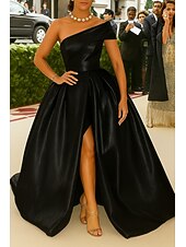 baratos Vestidos de Festa em A-Vestido de noite elegante, estilo champanhe dourado, corte A, vestido formal, casamento formal, comprimento até o chão, sem mangas, um ombro só, cetim com glitter 2025