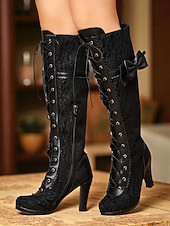 ieftine Victorian și Edwardian-Cizme de damă până la genunchi, inspirate din stilul victorian din anii 1890, din dantelă neagră, cu fundă, pentru tocuri elegante, pentru petreceri tematice și evenimente vintage elegante &amp;evenimente