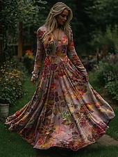 economico Abiti floreali-Natale Per donna Abito maxi Abito Pieghettato Festa Casual Boho Quotidiano Data Uscire Vestibilità regolare Floreale Manica Lunga Scollo a V Blu Viola Arancione Primavera Autunno Inverno