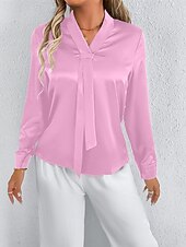 economico Top eleganti-Per donna Camicia Camicia in raso Tinta unica Elegante Casual Manica Lunga Scollo a V Top Regolari Quotidiano Uscire Nodo frontale Rosa Rosso Primavera Autunno