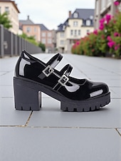 abordables Block Heels-Chaussures Mary Jane à plateforme en similicuir verni noir pour femmes - Double bride à talon épais, style écolière pour la mode Harajuku, le cosplay et le streetwear de tous les jours