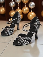 levne Boty na latinskoamerické tance-Dámské saténové boty na latinskoamerické tance s otevřenou špičkou a kamínkovými detaily, elegantní a třpytivý design, ideální na Gatsby párty a taneční plesy