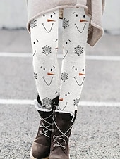 abordables Bas de Noël-Femmes Leggings Vacances ancien Mode Longueur complète Taille hautePantsNoël Graphique Motif de flocon de neige Noël Impression Doux Respirant Élastique Formel Vacances Rue Blanche Kaki Beige
