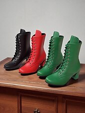 baratos Botas de tornozelo-Botas femininas de couro sintético com cadarço e salto grosso, estilo vintage, perfeitas para looks casuais e retrô.