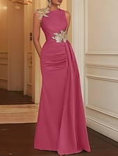 tanie Suknie balowe na wieczór-Suknia Wieczorowa Sheath Elegancka Sukienka Formalna Długość do Podłogi Bez Rękawów Dekolt w Kształcie Klejnotu Kieszeń Satynowa z Haftem