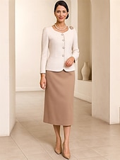 preiswerte Mamas Kleidersets-Zweiteilig A-Linie Kleid-Sets Brautmutterkleid Elegant Vintage Rundhalsausschnitt Tee-Länge Polyester Langarm mit Knöpfe